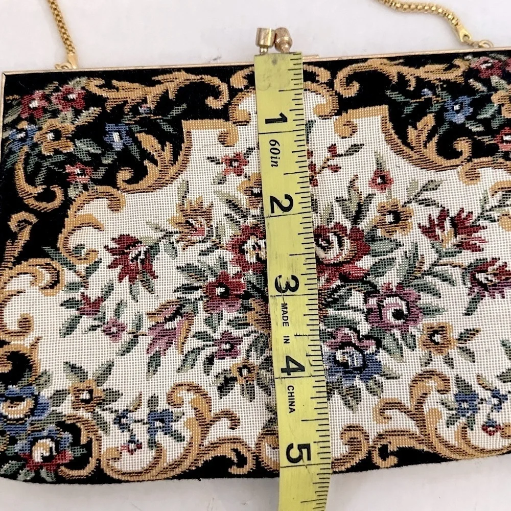 70s Walborg tapestry bag, vintage 70s bag  black,beige & blue floral design